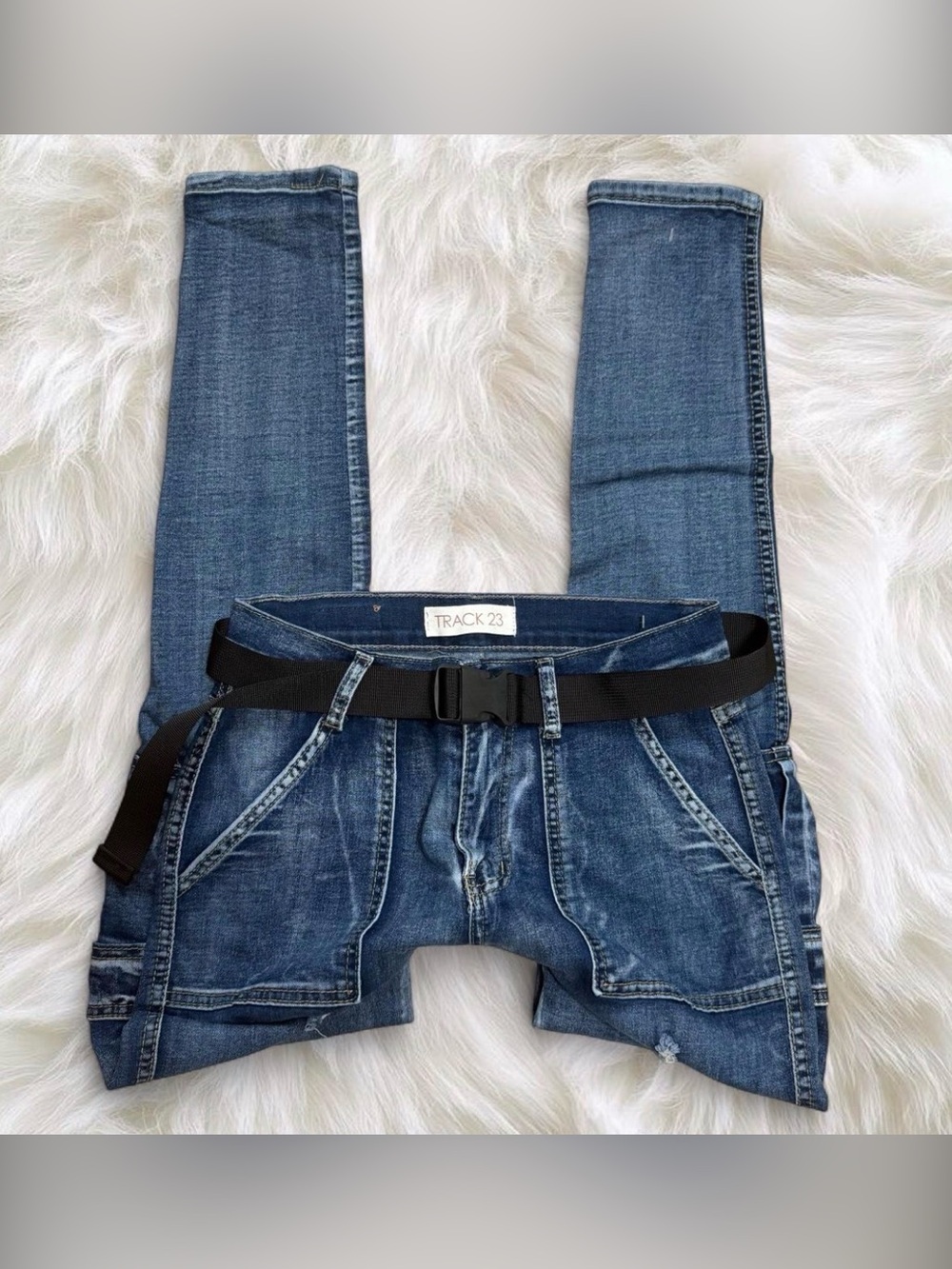 Cargo Distressed Skinny Jeans w/ Belt by Track 23